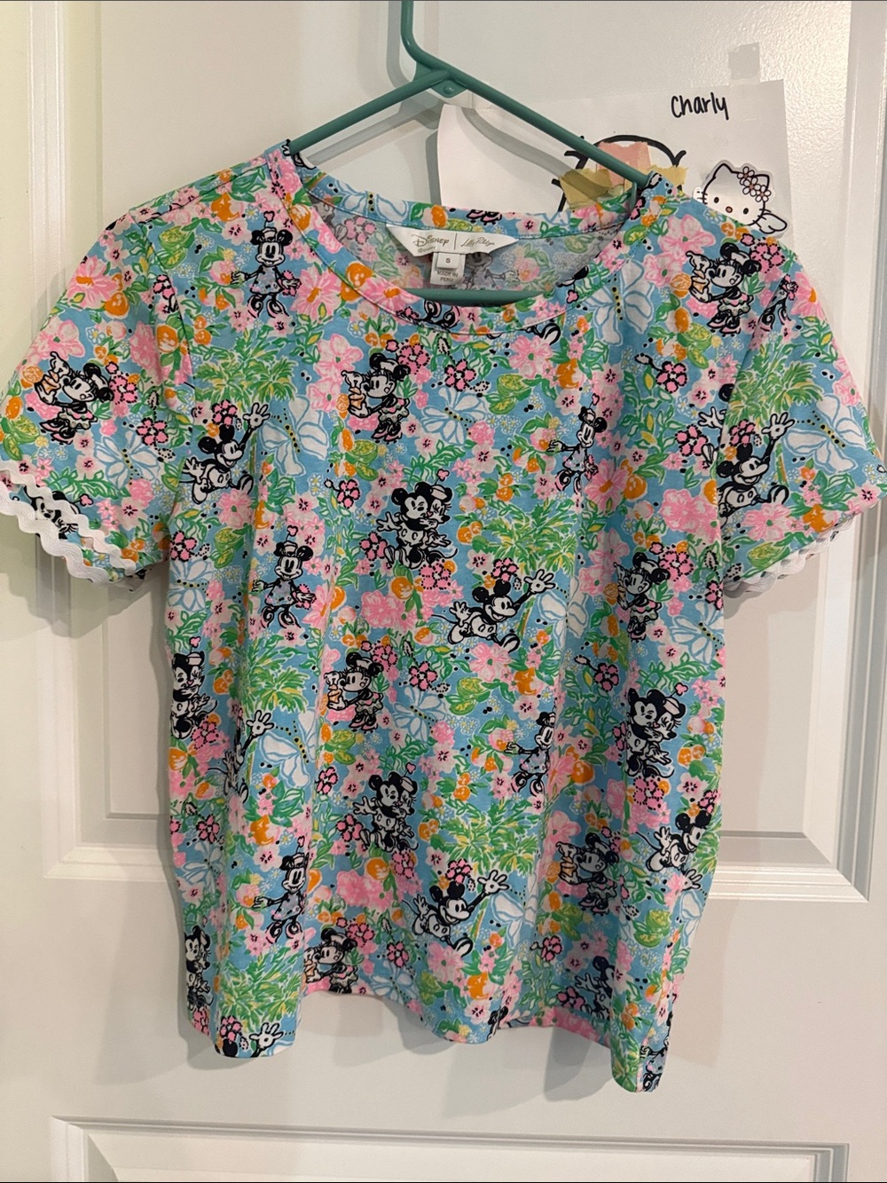 Lilly Pulitzer Pink Blue Green Mickey Floral Short Sleeve Tee